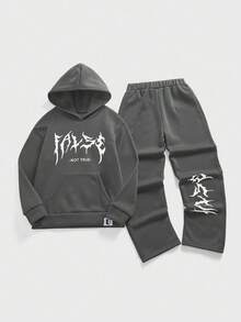 SHEIN Coolqubz 2件套图案连帽衫和运动裤套装，适合青少年男孩 - 深灰色 - 查看 7