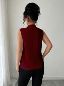 Elenzga Chemise noire ajustée pour femmes avec décoration en dentelle sans manches, taille standard - Rouge foncé - Voir 2