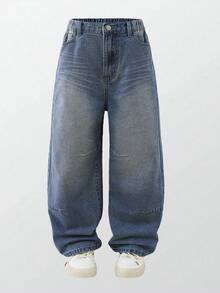 Denimly 男童休闲日常都市街头风弹力腰拉链口袋做旧设计直筒牛仔裤