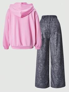 SHEIN ChillGRL 2件套少女连帽卫衣和印花裤套装 - 彩色 - 查看 7