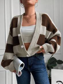 EURMUSE Women Contrast Color Striped Print Front Button Long Sleeve Cardigan - Coffee Brown - View 5