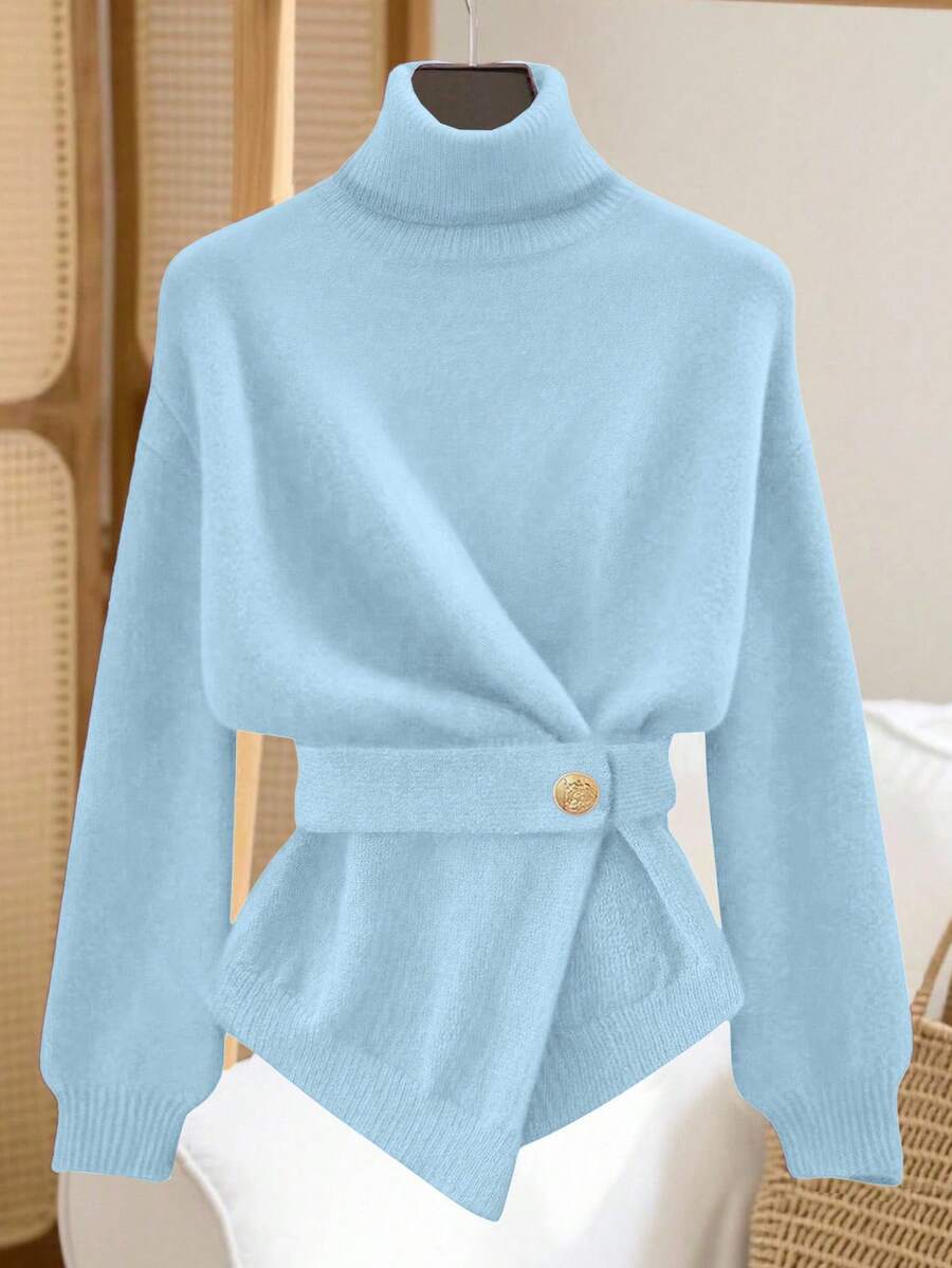 Franclia Women's Elegant High Neck Loose Waist Asymmetrical Hem Design Knit Sweater, Shoulder Drop Long Sleeve, Winter Sweater For Women Baby Blue Top Women Turtle Neck Women Baby Blue Tops Blue Sweater - Blue - View 1