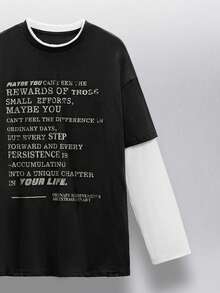 SWAVVY Men's Knitted Casual Daily Younger Generation English Text Print Patchwork Loose Long Sleeve T-Shirt, Summer, School, Fall - Grey - View 4