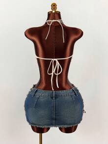 Amplova Y2K Sexy  Women's Y2K Twist Design Open Hem Sexy Criss-Cross Halter Neck Camisole White Top Elegant Dress Women Summer Outfits Casual Blouses For Women Cross-Color Beaded Vacation-Style Semi-Sheer Double-Layered Hem With Lace Twisted Fitted Textured Striped Mini Top - Apricot - View 7