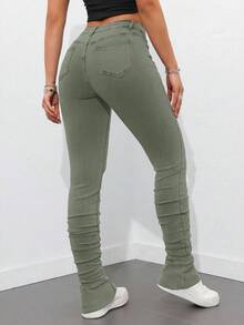 SHEIN ICON 大码女式高腰紧身个性时尚牛仔裤 - 軍綠色 - 查看 2