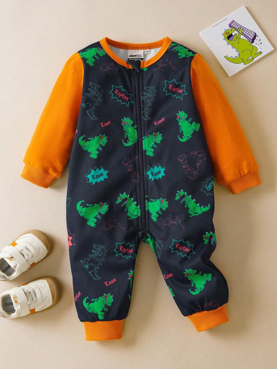 Nick 90s | SHEIN Mono de manga larga con cremallera, estampado de dinosaurio verde de dibujos animados y bloques de color para bebé niño - Multicolor - Ver 1