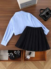 SHEIN 女童针织背心和长袖衬衫两件套，搭配复古格纹百褶裙，时尚休闲、上学、工作装。