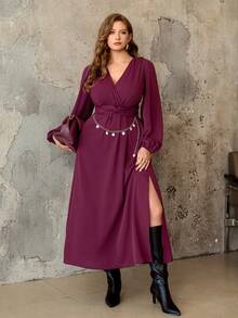 Roveilla Vestido maxi de manga larga con abertura lateral, talle alto con pliegues y ajuste en la cintura, estilo cruzado, elegante y vintage, apropiado para oficina, casual, fiesta, Halloween, Navidad, Acción de Gracias, tarde de té, Año Nuevo, para mujer de talla grande, color rojo Angola