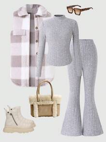 3pcs/Set Tween Girls Fitted Khaki Sweater,Matching High Waist Flare Pants & Plaid Lapel Cardigan Outfit,White Autumn Casual School Back-To-School - Grey - View 3