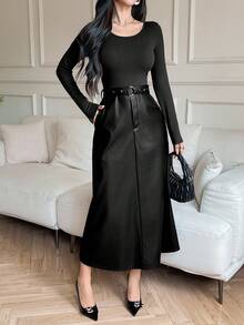 DAZY Women's Casual Contrast PU Leather Belted Long Dress, Suitable For Daily, Office, Commuting, Spring/Autumn - Black - View 2