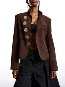 LYSMO New Minimalist Women Winter Metal Single-Breasted Stand Collar Long Sleeve Fashion Jacket, Brown - Coffee Brown - View 8