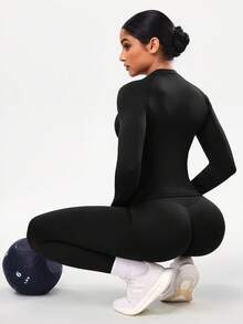 Seamluxe SHEIN Sport 女士无缝运动套装，专业户外健身夹克，紧身塑形瑜伽服，适合秋季穿着/专为户外跑步、瑜伽、普拉提和健身房锻炼设计/训练的理想之选 - 黑色 - 查看 2