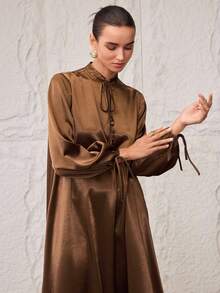Al Najma 女士优雅纯色阿拉伯风格连衣裙，派对礼服 - 卡其色 - 查看 7