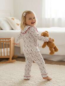 SHEIN Baby Girl 6Months-3year 2pcs/Set Spring Outfits For Girl Casual Daily Style Loose Suit, Flower-Printing Long Sleeves Button Topt&Flower-Printing Long Simple Basic Pants - Multicolor - View 2