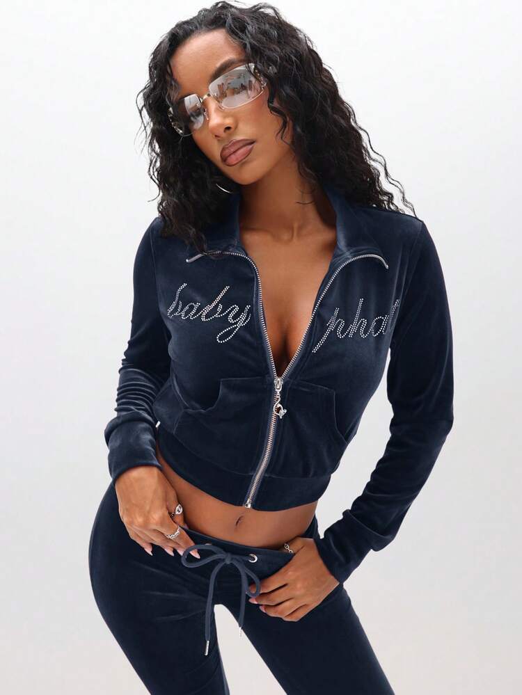 BABYPHAT Velour Funnel Neck Zip Up Sweatshirt With Rhinestone Text Embellishments Cropped Long Sleeve Tracksuit Top