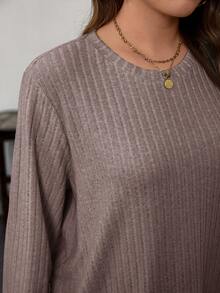 EMERY ROSE Plus Size Solid Color Ribbed Knit T-Shirt,Women's Autumn/Winter Long Sleeve Top,Everyday Smart Casual Dusty Pink Sweater,Casual Tops For Autumn - Grey - View 3