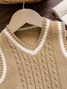 SHEIN 男婴休闲撞色滚边针织背心，秋冬季 - 卡其色 - 查看 3