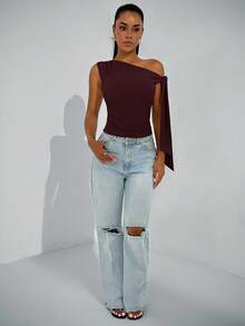 SHEIN BAE Elegant Women's Asymmetric Collar Oblique Shoulder Tie Strap Blouse, Suitable For Daily Dates, Outings, Nightclub, Party Gatherings, Club Women Outfits - Maroon - View 3