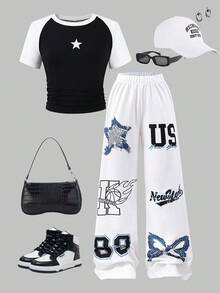 SHEIN Explorewe 青少年女孩两件套：黑白拼色星星印花短款 T 恤 + 白色手绘运动裤，休闲街头风格运动装 - 白色 - 查看 9