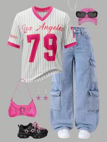 SHEIN ChillGRL 青少年女孩数字和条纹印花短袖休闲街头风格排球 T 恤 - 玫紅色 - 查看 7