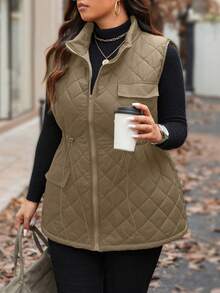 Calvaya Plus Size Women Drawstring Waist Cargo Pocket Casual Quilted Vest Jacket, Winter Clothes Fall Clothes, For Christmas - Mocha Brown - View 6
