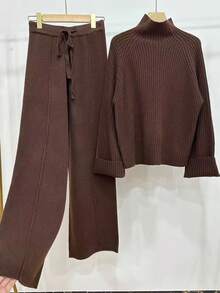 SHEIN Unity 2pcs Apricot Women Knit Sweater Set, Ribbed Texture Cream Color Pullover & Pants Casual Minimalist Outfit - Coffee Brown - View 4