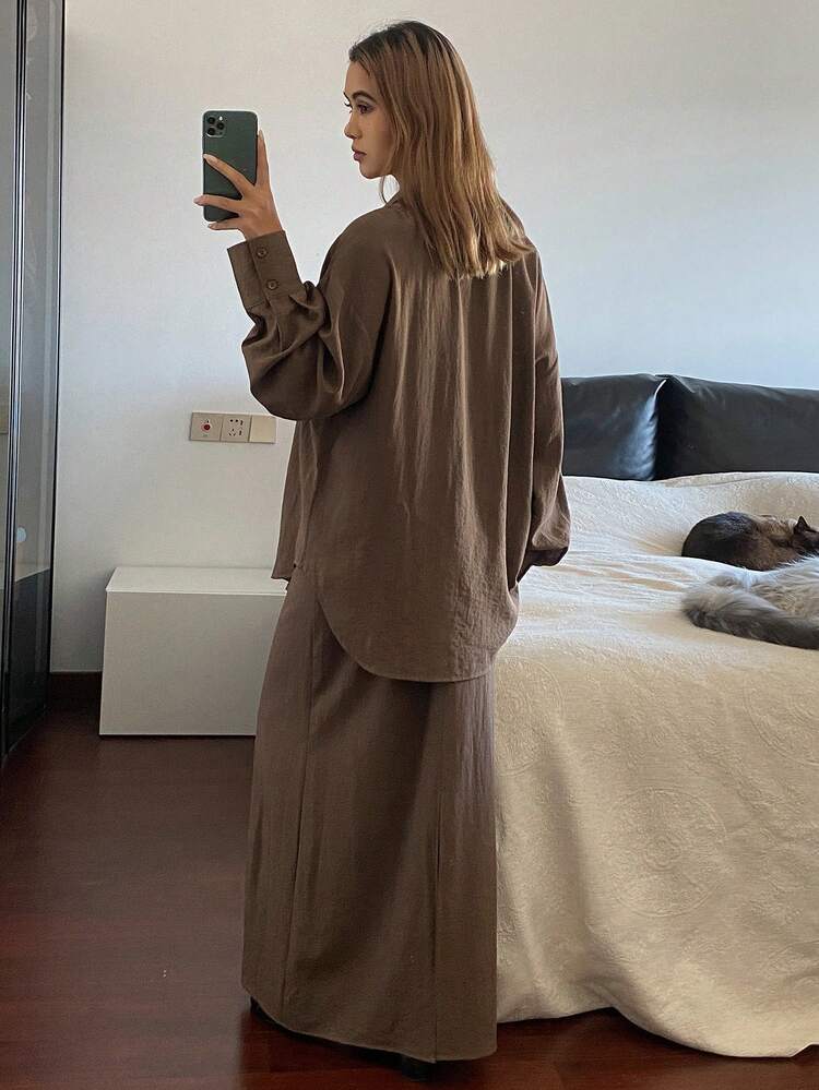 Women's Solid Color Loose Turndown Collar Long Sleeve Shirt And A-Line Long Skirt Elegant Two Pieces Set, Autumn/Winter