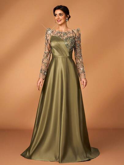 Serin Elegant Luxurious Pearl Beaded Floral Sequin Embroidered Puff Sleeve Satin Ruched A-Line Dress, Suitable For Wedding, Party, Holiday, Prom, Mother Of The Bride Evening Gown