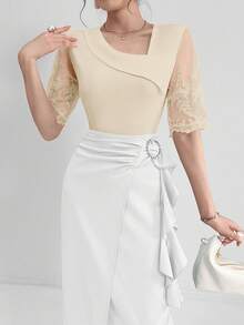 Modelyn 女士不对称领口撞色网眼夏季T恤印花T恤女式上衣 - 杏色 - 查看 7