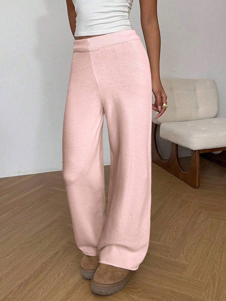 CovetEZ Women's Solid Color Elastic Waist Straight Leg Casual Knit Pants, Autumn/Winter Wide Leg Sweatpants Fold Over Pants Flare Sweat Pants