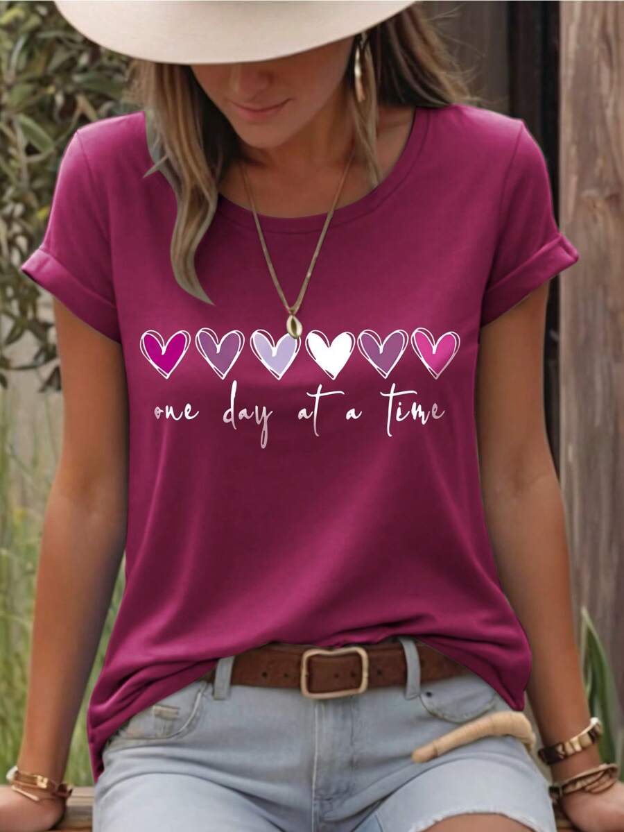 EMERY ROSE Heart & Letter Slogan Round Neck Short Sleeve Fashionable Women T-Shirt - Burgundy - View 1