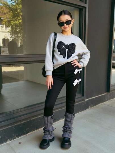 Genkimix Kids Tween Girls Spring, Autumn & Winter School Season Korean Style Casual T-Shirt Set. Knitted Sweatshirt Fabric In Gray Solid Color, Front Panel With Exquisite Black Sequin Bow Sleeve. Ribbed Collar, Cuffs And Hem. Paired With Gray Ribbon 3D Bow Solid Black Knit Leggings. 2-Piece Set Suitable For Girls In Spring, Autumn & Winter. Korean Style, Simple & Sweet. Suitable For School, Outings, Parties, Daily Sports, Holidays, Autumn/Winter Wear.