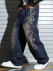 PAVTROS Quần jeans ống đứng phong cách Mỹ cổ điển, in họa tiết dây xích, rách rưới, dành cho nam giới. - Màu xanh lam - Xem 5