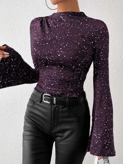 Chiquease Women's Autumn Long Sleeve Flared Cuff Funnel Neck Metallic Silver Ruched Asymmetric T-Shirt Women Top For Spring