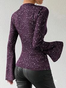 Chiquease Women's Autumn Long Sleeve Flared Cuff Funnel Neck Metallic Silver Ruched Asymmetric T-Shirt Women Top For Spring - Purple - View 2