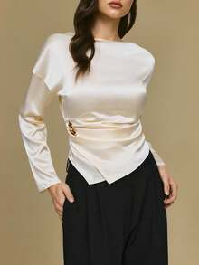 Poéselle Satin Long Sleeve Blouse For Women - Elegant Asymmetrical Waist Detail, Minimalist Chic Top, Classy Fall Essential,Women's Solid Color Satin Minimalist Crew Neck Long Sleeve Top, Satin Blouses For Women, Silk Blouse, Silk Tops,, Ivory Top White Elegant Top White Satin Top Full Sleeve Top Tops For Women Elegant - Apricot - View 7