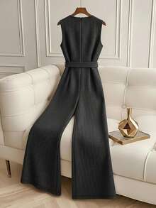 GlowEve 女士休闲无袖V领人字纹面料连体裤，适合居家穿着，秋冬季 - 黑色 - 查看 2