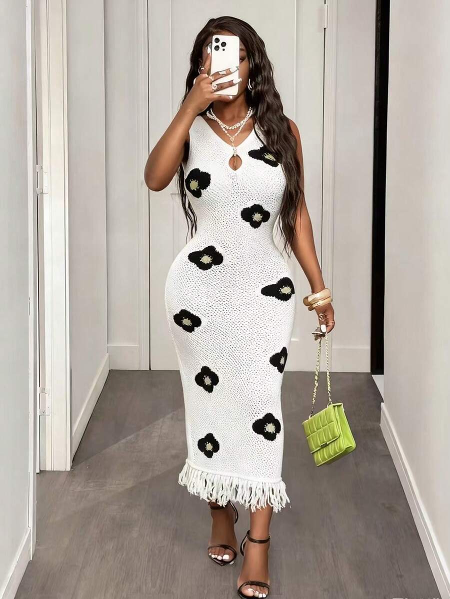 BamGleam Nouvelle robe pull pour femmes, robe pull verte ajustée, streetwear sexy, décolleté en V profond, sans manches, ourlet floral à franges long