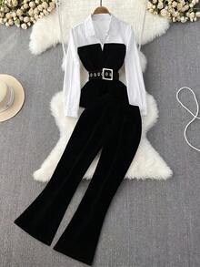 Elenzga 女士优雅时尚通勤二合一束腰长袖衬衫套装，秋冬款 - 黑與白 - 查看 4