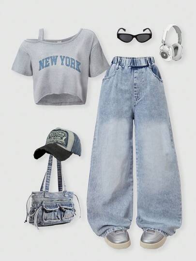 SHEIN ChillGRL 2 件套 Tween Girl Me 宽松休闲吊带背心印花上衣和浅蓝色牛仔长裤套装，适合日常通勤、休闲、街头风格、与朋友聚会、春夏