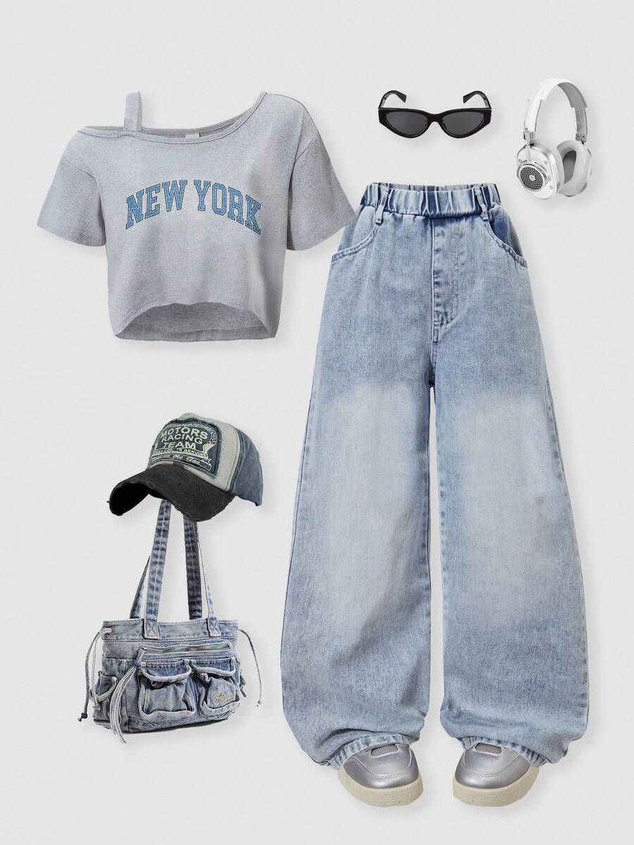 SHEIN ChillGRL 2 件套 Tween Girl Me 宽松休闲吊带背心印花上衣和浅蓝色牛仔长裤套装，适合日常通勤、休闲、街头风格、与朋友聚会、春夏 - 藍色 - 查看 1