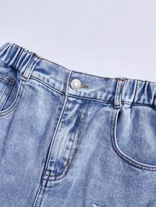 SHEIN ChillGRL 少女宽松牛仔裤，少女阔腿牛仔裤，新款刺绣蝴蝶结直筒裤，宽松版型女童牛仔裤，女童蝴蝶结牛仔裤，粉色蝴蝶结牛仔裤，牛仔女童休闲时尚，适合上学、日常、假期、户外活动和度假穿着，女童蝴蝶结牛仔裤，女童牛仔裤秋冬套装 - 藍色 - 查看 7