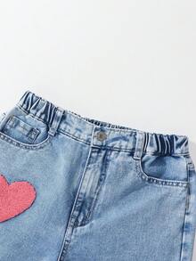 SHEIN ChillGRL Tween Girl Oversized Vintage-Style Multicolor Embroidered Academy Casual Relaxed Fit Comfortable Washed Light Blue Denim Wide Leg Pants Summer Holiday - Light Wash - View 7