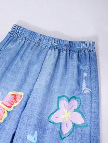 SHEIN Explorewe Tween Girls' Street Fashion Denim Print Pants With Butterfly, Heart & Floral Colorful Graphic, Casual Summer - Blue - View 4