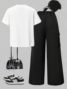 SHEIN ChillGRL 2 件套青少年女孩字母印花圆领 T 恤 + 工装裤，休闲街头风格 - 黑色 - 查看 2