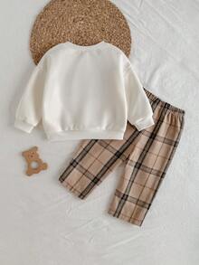 Loomiva 2pcs Baby Boy Cartoon Bear Pattern Knit Soft Crew Neck Long Sleeve Pullover Sweatshirt And Plaid Long Pants Set Baby Clothes Baby Clothing Boy - Multicolor - View 7
