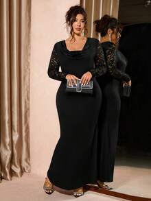Cravure Vestido de mujer talla grande con cuello drapeado de encaje en contraste y cintura fruncida, elegante, digno, generoso, adecuado para banquetes, vacaciones, fiestas sexys, vestido romántico, vestido de noche - Negro - Ver 1