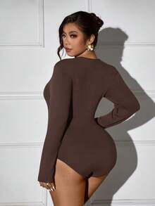 Femmeverse Plus Size Women Casual Loose Knit Bodysuit - Brown - View 2