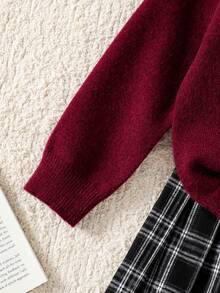 Genkimix Kids Girls' Checkerboard Sweater & Red Bow Accent Skirt Set, Versatile All-Match Red Skirt, Suitable For Halloween, Christmas, School Season, Cute Outfit - Burgundy - View 5