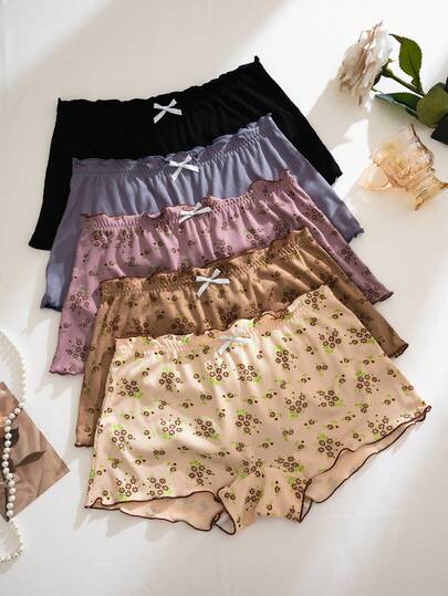 5pcs/Set Comfortable Ribbed Cotton Floral Print Ruffle Trim Boyshort Panties